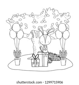 cute little rabbit with balloons helium in the landscape