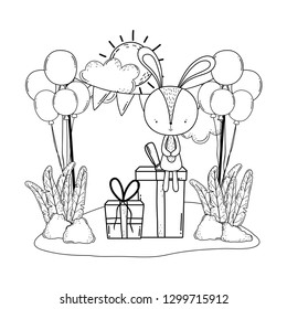 cute little rabbit with balloons helium in the landscape