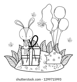 cute little rabbit with balloons helium in the landscape