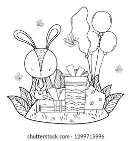 cute little rabbit with balloons helium in the landscape