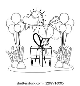 cute little rabbit with balloons helium in the landscape
