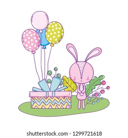 cute little rabbit with balloons helium in the landscape