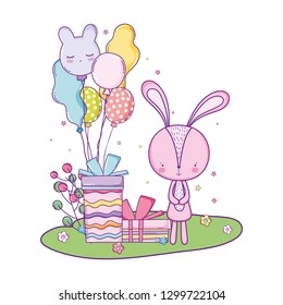 cute little rabbit with balloons helium in the landscape