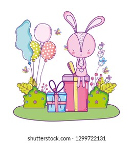 cute little rabbit with balloons helium in the landscape