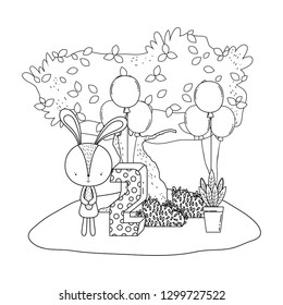 cute little rabbit with balloons helium in the landscape
