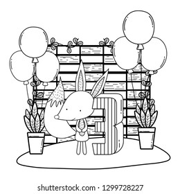 cute little rabbit with balloons helium in the landscape