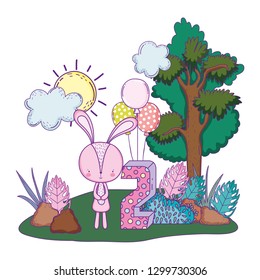 cute little rabbit with balloons helium in the landscape