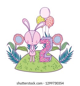 cute little rabbit with balloons helium in the landscape