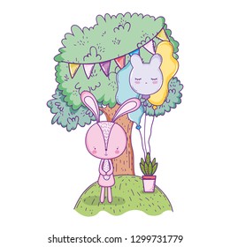 cute little rabbit with balloons helium in the landscape