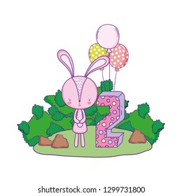 cute little rabbit with balloons helium in the landscape