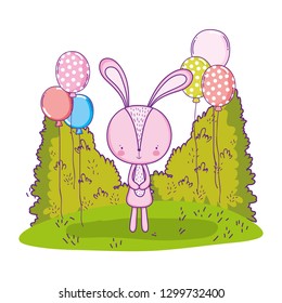 cute little rabbit with balloons helium in the landscape