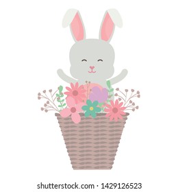 cute little rabbit with basket straw and flowers