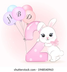 Cute little Rabbit birthday party with number, greeting card illustration