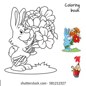 Cute little rabbit with a bouquet of flowers. Coloring book. Cartoon vector illustration