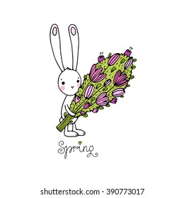 Cute little rabbit with a bouquet. "Spring" text. Hand drawing isolated objects on white background. Vector illustration.