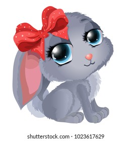 Cute little rabbit with a bow in a cartoon, childish style