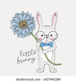 Cute little rabbit boy with flower, bow tie, glasses