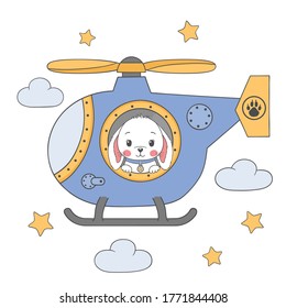 Cute little rabbit boy in a helicopter. Illustration for children print design, kids t-shirt, baby wear and other uses.