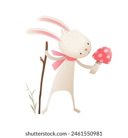 Cute little rabbit or bunny holding a red toadstool mushroom. Cute baby rabbit animal character for children story and tale. Character illustration for kids fairytale. Vector cartoon isolated clipart