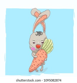 Cute little rabbit with carrot cartoon hand drawn vector illustration. Can be used for baby t-shirt print, fashion print design.