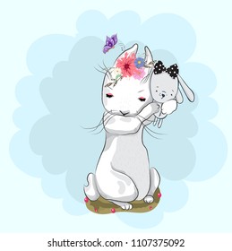 Cute little rabbit with cartoon toy hand drawn vector illustration. Can be used for baby t-shirt print, fashion print design.