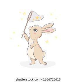Cute little rabbit character catching stars hand drawn vector illustration. Can be used for t-shirt print, kids wear, fashion design, baby shower invitation card, poster, birthday, nursery