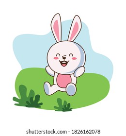 cute little rabbit character in the field scene vector illustration design