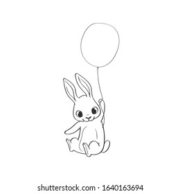 Cute little rabbit character flying on balloon hand drawn vector illustration. Can be used for t-shirt print, kids wear, fashion design, baby shower invitation card, poster, birthday, nursery