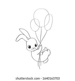 Cute little rabbit character flying on balloon hand drawn vector illustration. Can be used for t-shirt print, kids wear, fashion design, baby shower invitation card, poster, birthday, nursery