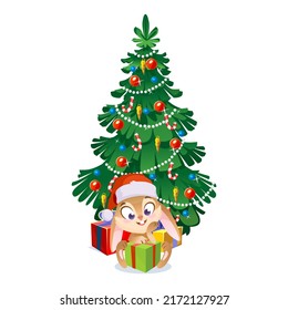 Cute little rabbit in a Christmas hat under an ornamented Christmas tree unwrapping gifts. Cartoon character for New Year greeting cards. Vector illustration isolated on a white background.