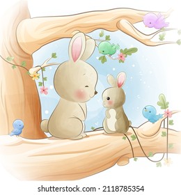 Cute little rabbit climbing tree with birds