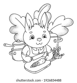 Cute little rabbit cutting a fresh carrot. Hand drawn outline cartoon illustration of cooking