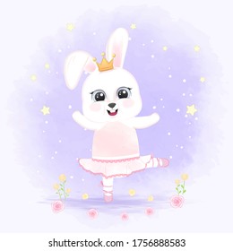 Pequeño conejo pequeño lindo baile mano dibujo a mano ilustración animal estilo acuarela en púrpura 
