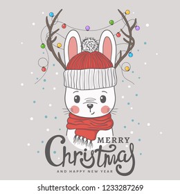 Cute little rabbit with deer horns, christmas garland, knitted cap, scarf. Christmas card. New Year. Season's Greetings. Vector illustration