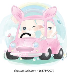 Cute little rabbit driving a car