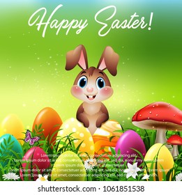 Cute little rabbit with Easter eggs in a field
