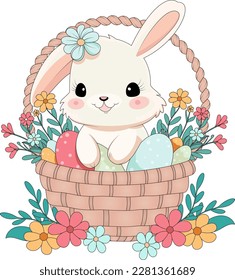 Cute little Rabbit with Easter eggs in basket vector illustration - Easter Bunny with a basket of easter eggs