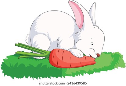 Cute little rabbit eating carrot while sitting on a grass field