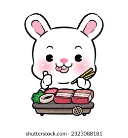 Cute Little Rabbit Eating Korean Barbecue. or Thai Style Thai BBQ. Moo Kratha.