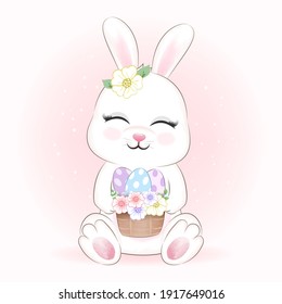 Cute Little Rabbit and eggs in basket cartoon animal illustration