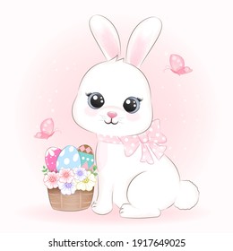 Cute Little Rabbit and eggs in basket hand drawn cartoon animal illustration