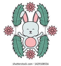 cute little rabbit with flowers and feathers frame