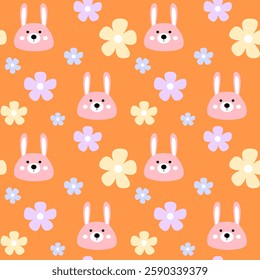 Cute little rabbit, flowers, on orange background, fabric pattern , seamless pattern 