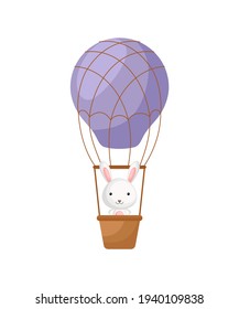 Cute little rabbit fly on purple hot air balloon. Cartoon character for childrens book, album, baby shower, greeting card, party invitation, house interior. Vector stock illustration.