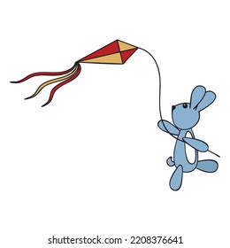 A cute little rabbit is flying a kite. Cartoon style. Vector illustration isolated on white background.