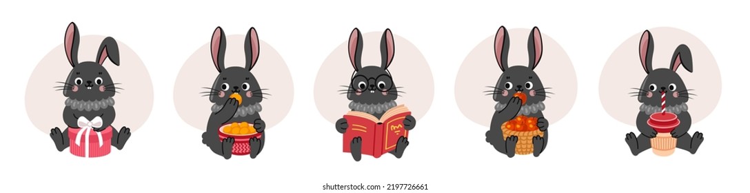 Cute little rabbit with gift, book, coffee paper cup and basket of apples. Bunny cartoon character collection. Vector flat isolated illustration.
