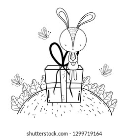 cute little rabbit with giftbox in the landscape