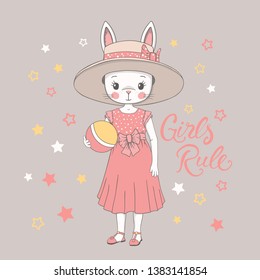 Cute little rabbit girl with hat and holding a ball. Cartoon vector illustration