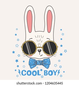 Cute little rabbit with glittering sunglasses, bow tie. Cool Boy slogan. Funny bunny face. Vector illustration for children print design, kids t-shirt, baby wear