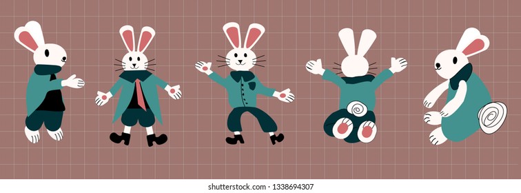 The cute little rabbit has 5 characters, 5 styles in the Happy Easter concept. On a brown background with a straight line contrasting Illustration - vector